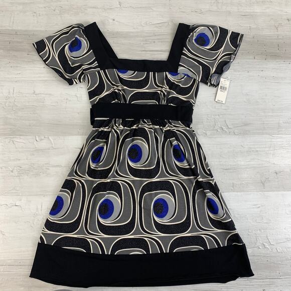 BCX Geometric Shimmer Swirl Groovy Retro Short Sleeve Square Neck Dress Small - Picture 1 of 10
